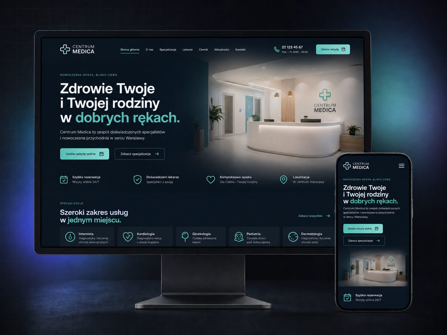 Mockup strony przychodni lekarskiej Centrum Medica